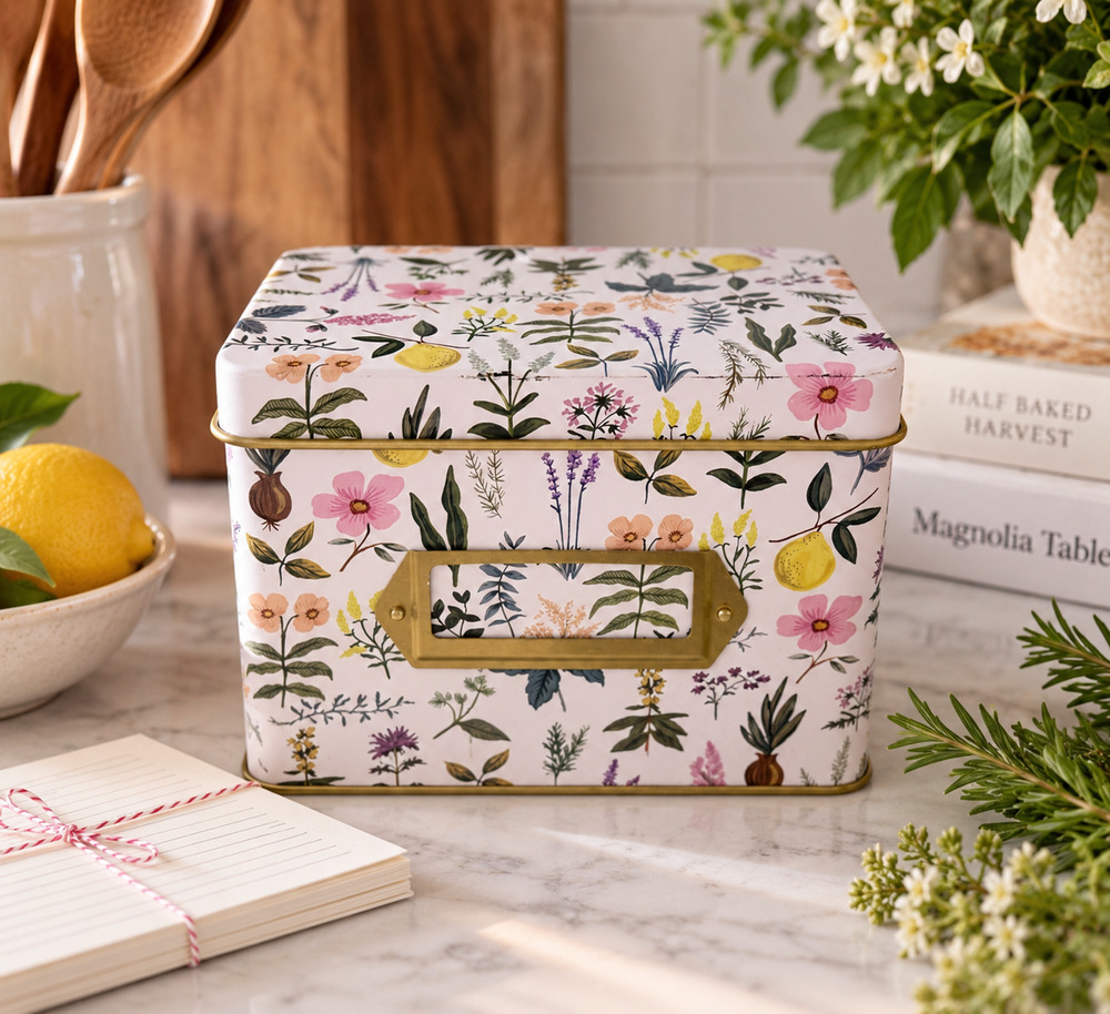 Rifle Paper Co Recipe Tin Herb Garden Floral Botanical w Recipe Cards Gold